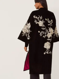 Monsoon Black Fia Floral Embroidered Velvet Kimono Clearance