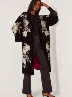 Monsoon Black Fia Floral Embroidered Velvet Kimono Clearance