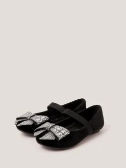 Monsoon Black Jewel Bow Velvet Ballet Flats New