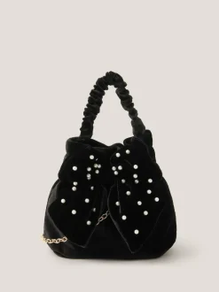 Monsoon Black Pearl Bow Velvet Bag Online