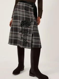 Monsoon Black Rue Embellished Tartan Wrap Midi Skirt Online
