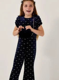 Monsoon Blue Bow Embellished Velvet Flare Jumpsuit