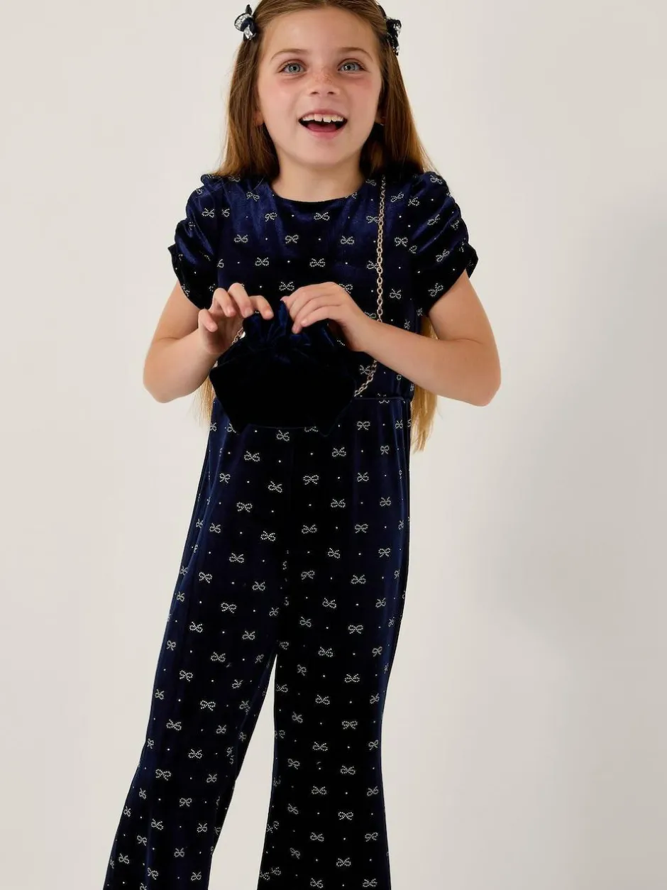 Monsoon Blue Bow Embellished Velvet Flare Jumpsuit