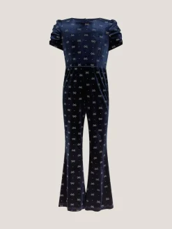 Monsoon Blue Bow Embellished Velvet Flare Jumpsuit