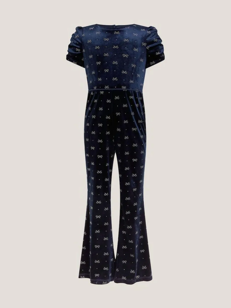 Monsoon Blue Bow Embellished Velvet Flare Jumpsuit