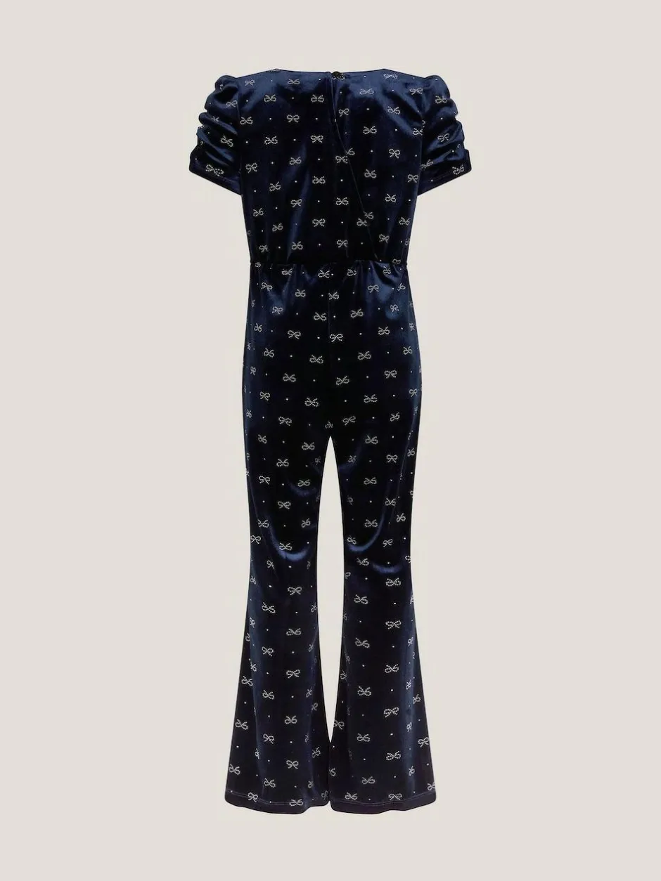 Monsoon Blue Bow Embellished Velvet Flare Jumpsuit