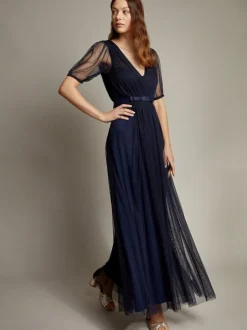Monsoon Ellie Sheer Sleeve Plunge Tulle Maxi Dress Blue Sale