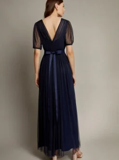 Monsoon Ellie Sheer Sleeve Plunge Tulle Maxi Dress Blue Sale
