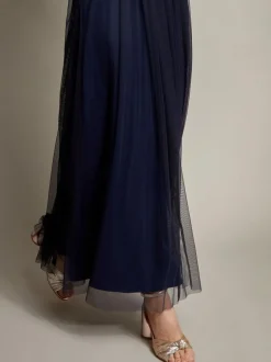 Monsoon Ellie Sheer Sleeve Plunge Tulle Maxi Dress Blue Sale