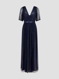 Monsoon Ellie Sheer Sleeve Plunge Tulle Maxi Dress Blue Sale