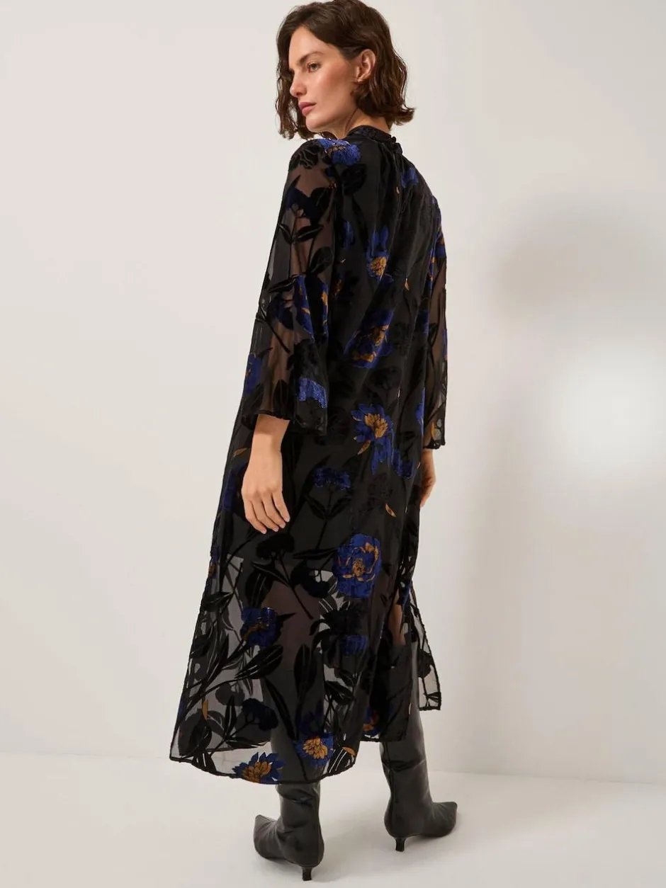Monsoon Blue Giselle Sheer Floral Devoré Midi Dress Outlet
