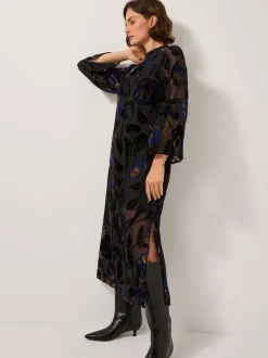 Monsoon Blue Giselle Sheer Floral Devoré Midi Dress Outlet