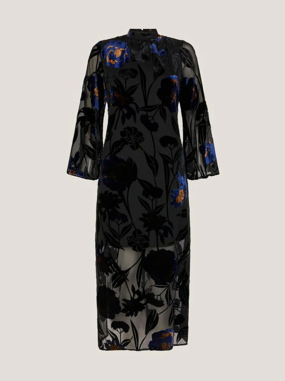 Monsoon Blue Giselle Sheer Floral Devoré Midi Dress Outlet