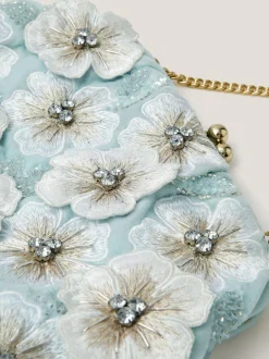 Monsoon Blue Mara Appliqué Flower Clutch New