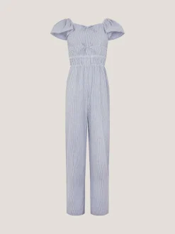 Monsoon Blue Stripe Short Sleeve Jumpsuit Hot