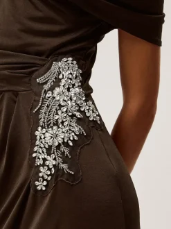 Monsoon Brown Trina Asymmetrical Embellished Jersey Maxi Dress Clearance