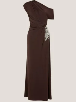 Monsoon Brown Trina Asymmetrical Embellished Jersey Maxi Dress Clearance