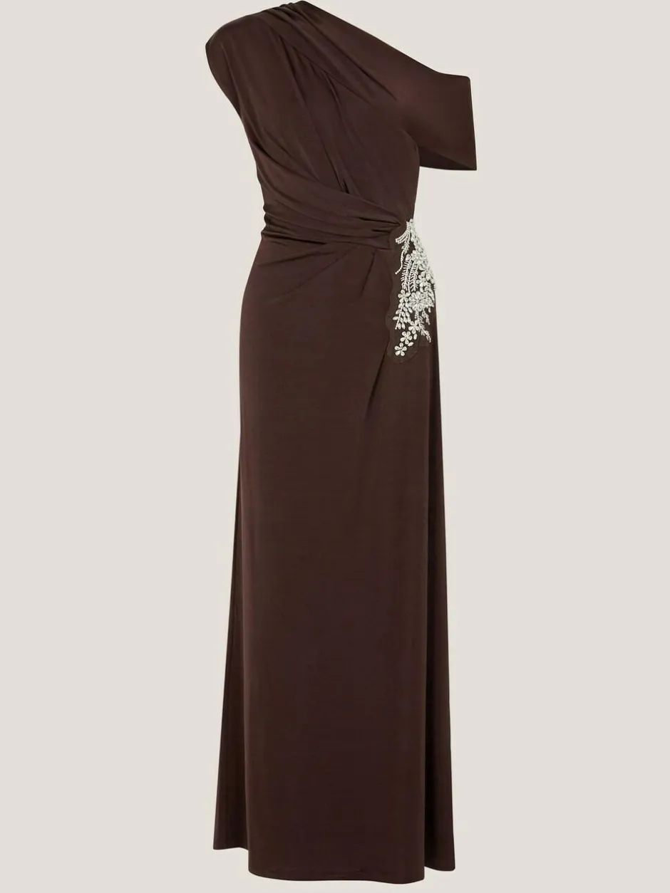 Monsoon Brown Trina Asymmetrical Embellished Jersey Maxi Dress Clearance