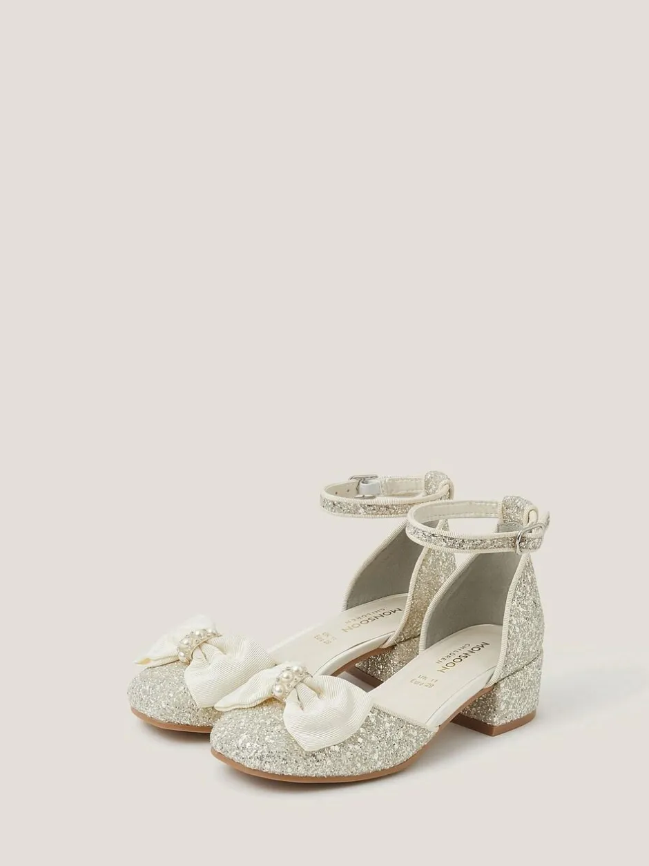 Monsoon Cream Bow Glitter Chunky Heels New