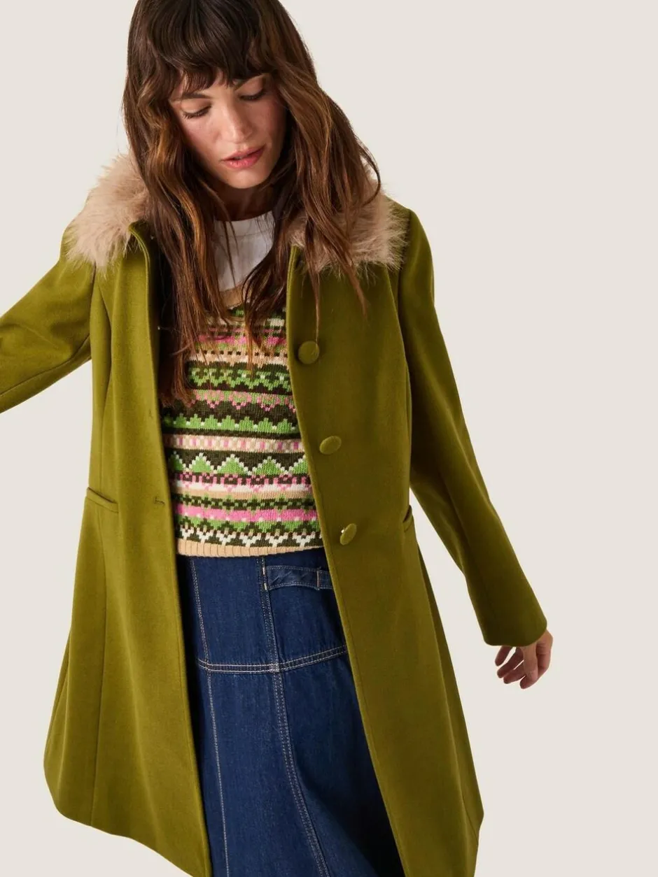 Monsoon Green Beatrice Faux Fur Collar Coat Online