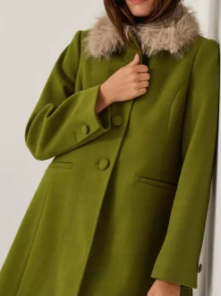 Monsoon Green Beatrice Faux Fur Collar Coat Online