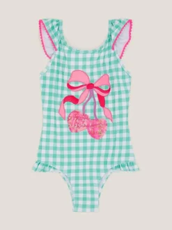 Monsoon Green Sequin Cherry Gingham Swimsuit Outlet