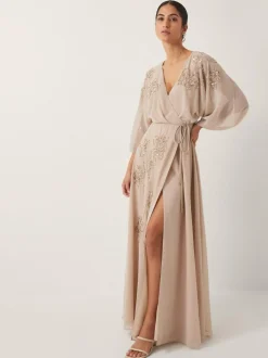 Monsoon Skyla Floral Print Embellished Maxi Wrap Dress Nude Sale
