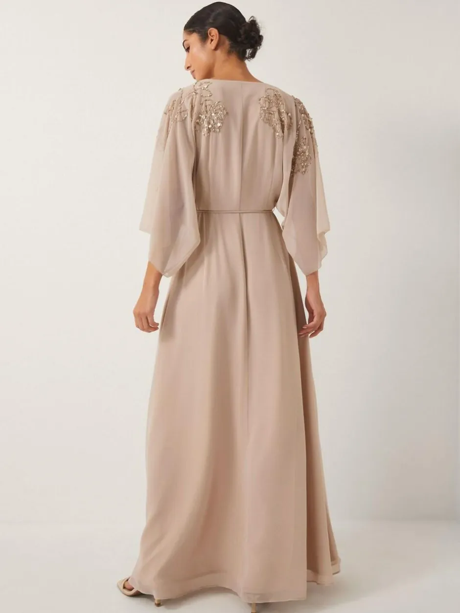 Monsoon Skyla Floral Print Embellished Maxi Wrap Dress Nude Sale