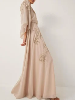 Monsoon Skyla Floral Print Embellished Maxi Wrap Dress Nude Sale