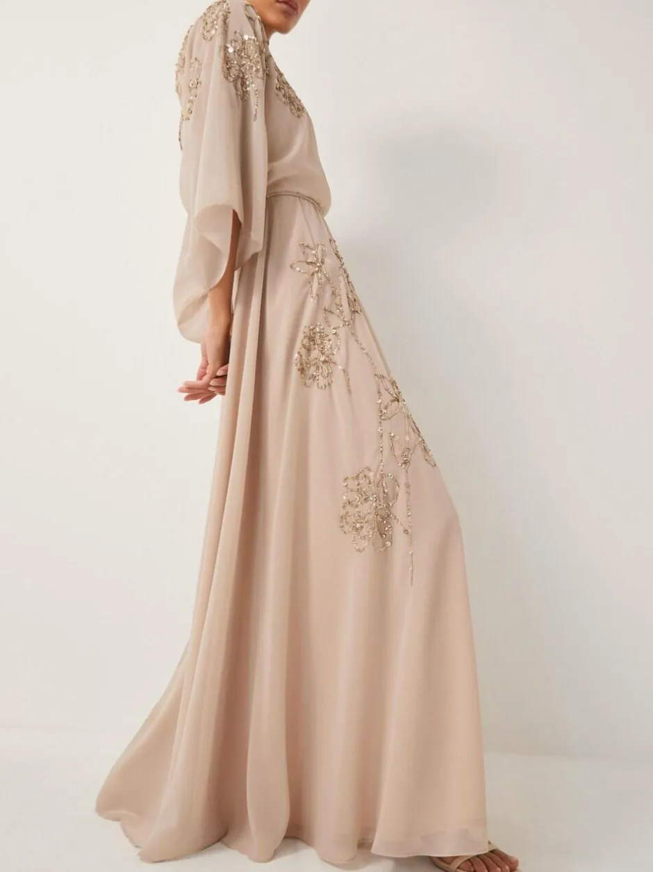 Monsoon Skyla Floral Print Embellished Maxi Wrap Dress Nude Sale
