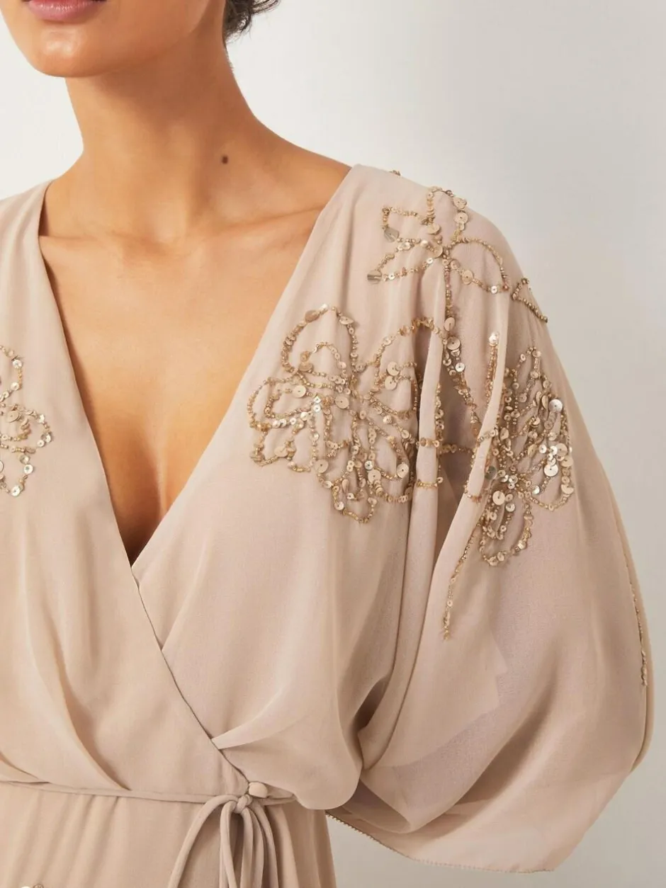 Monsoon Skyla Floral Print Embellished Maxi Wrap Dress Nude Sale
