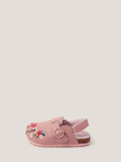 Monsoon Pink Faux Fur Floral Embroidered Clogs New