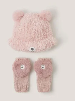 Monsoon Pink Fluffy Teddy Hat & Mitten Set Sale