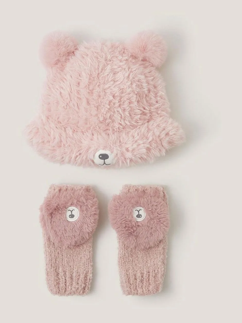 Monsoon Pink Fluffy Teddy Hat & Mitten Set Sale