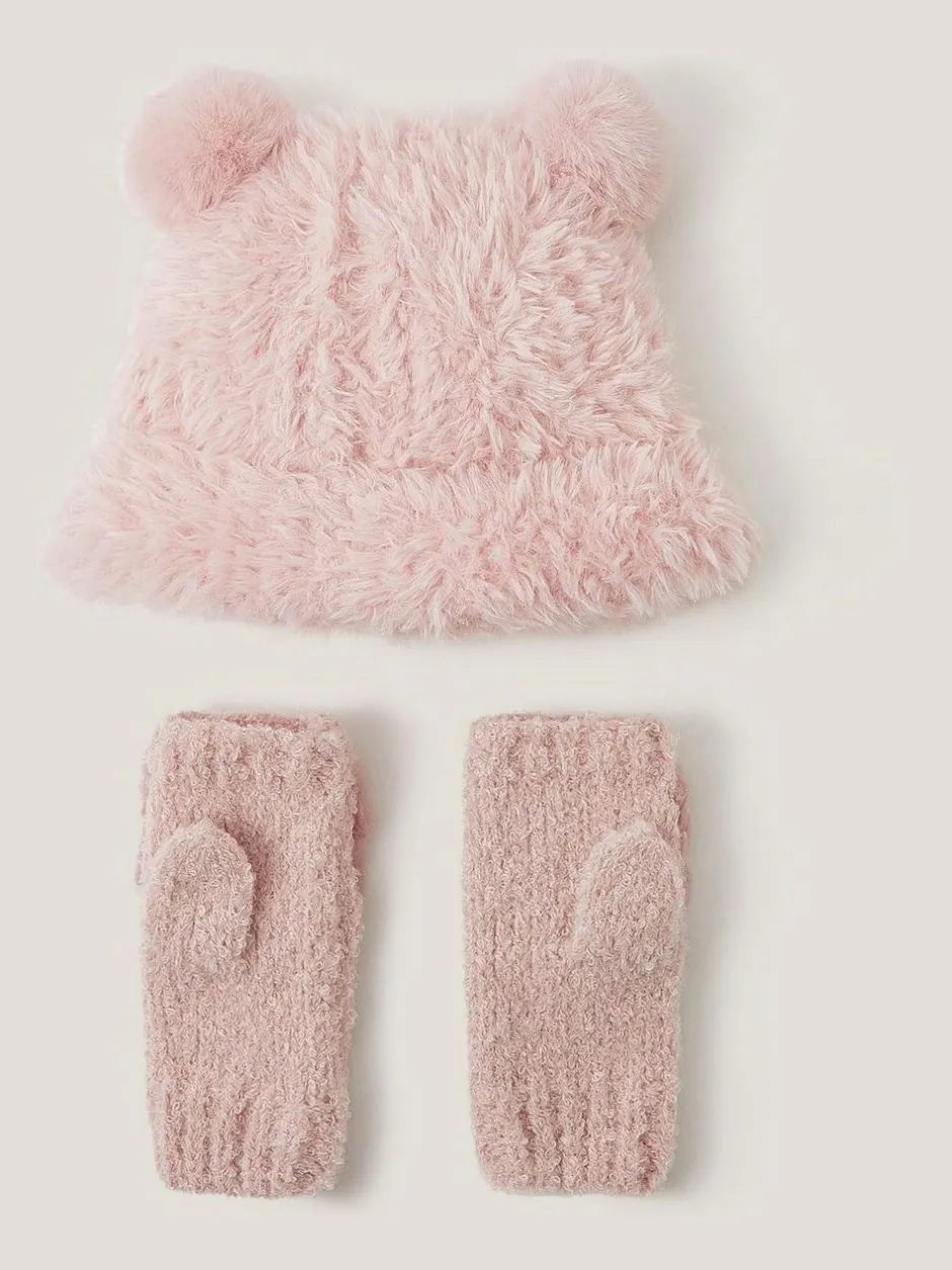 Monsoon Pink Fluffy Teddy Hat & Mitten Set Sale