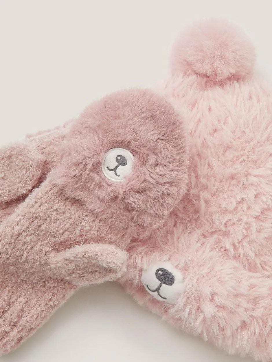 Monsoon Pink Fluffy Teddy Hat & Mitten Set Sale