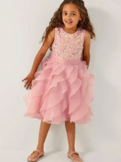 Monsoon Pink Sequin Waterfall Ruffle Party Dress