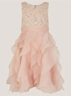 Monsoon Pink Sequin Waterfall Ruffle Party Dress