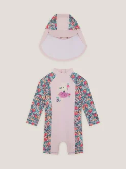 Monsoon Pink Shell Print UPF50+ Sunsafe Suit & Sun Hat Set Hot