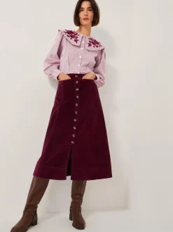Monsoon Red Jamie Button Corduroy Midi Skirt