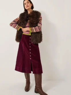 Monsoon Red Jamie Button Corduroy Midi Skirt