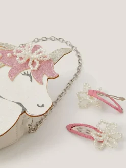 Monsoon White Glitter Unicorn Bag & Pearly Hair Clips Set Sale