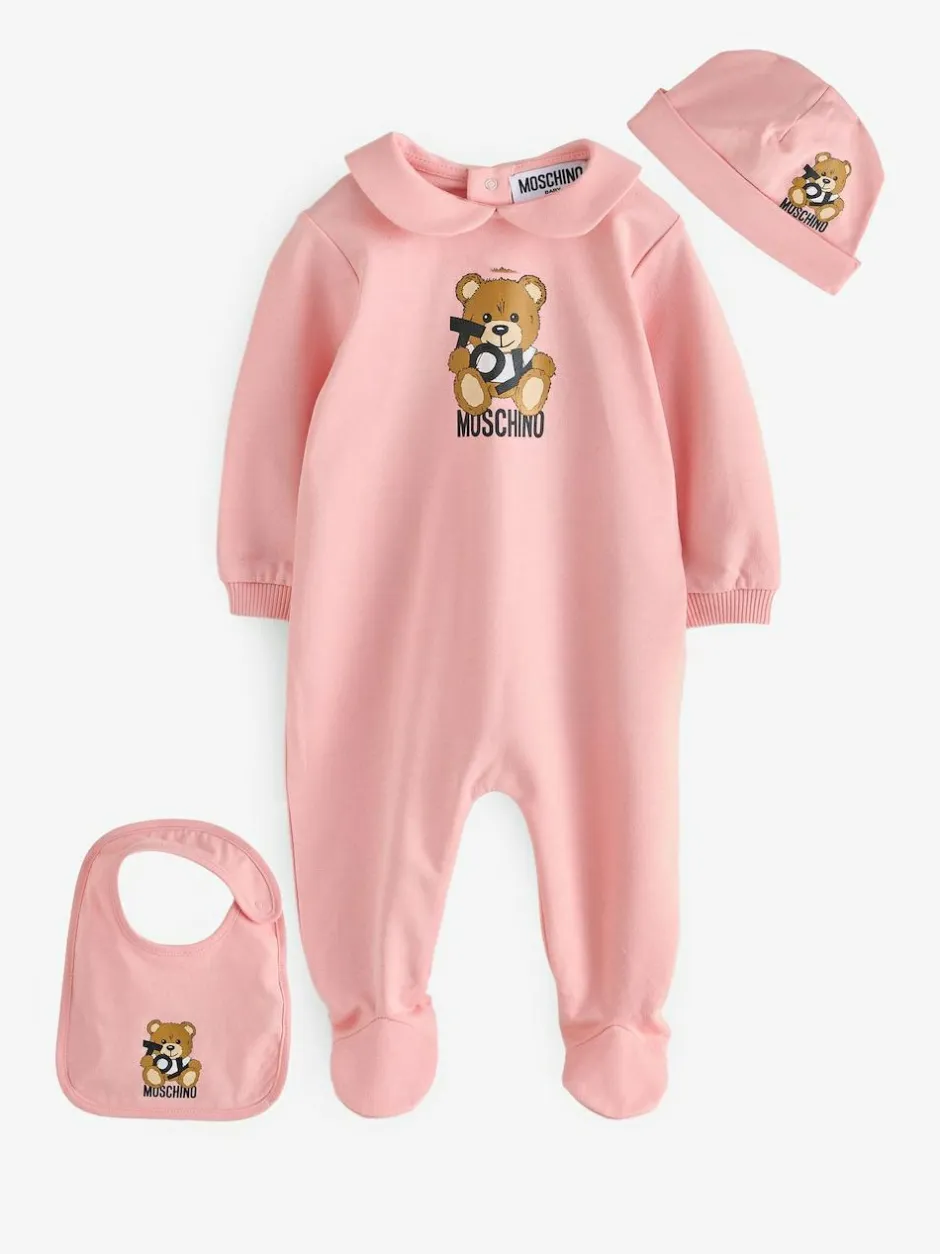 Moschino Baby Logo Sleepsuit, Hat & Bib Giftset With Giftbox Pink New