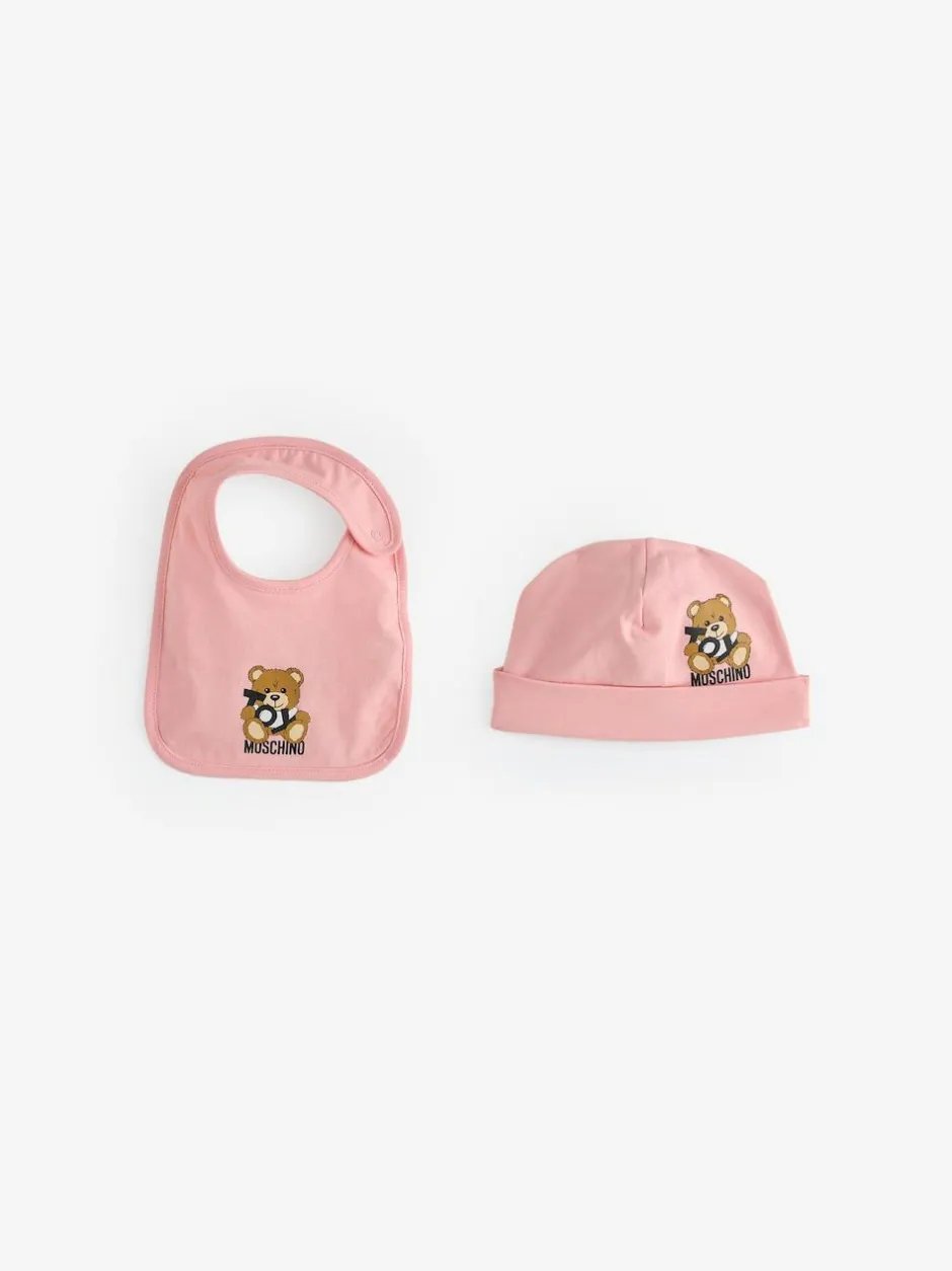 Moschino Baby Logo Sleepsuit, Hat & Bib Giftset With Giftbox Pink New