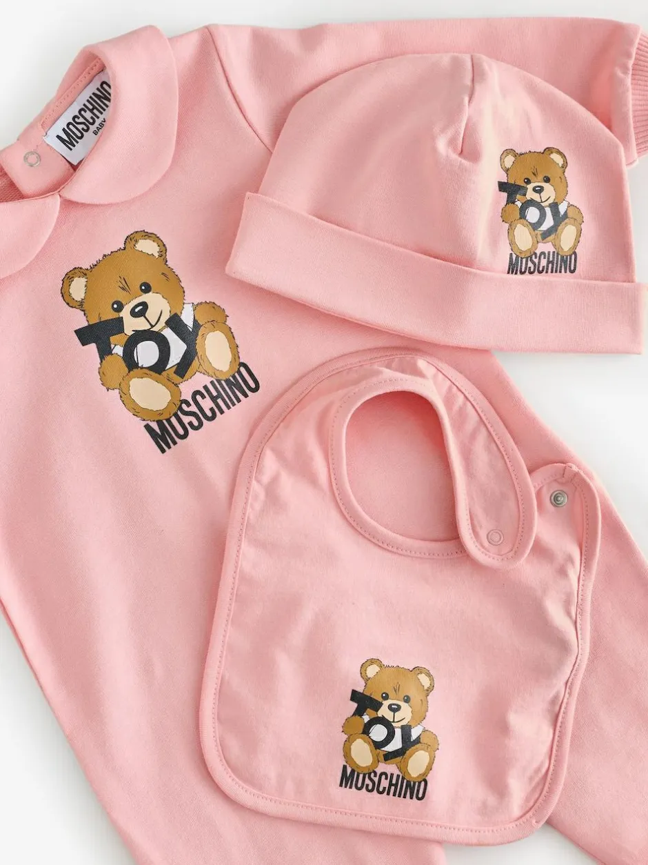 Moschino Baby Logo Sleepsuit, Hat & Bib Giftset With Giftbox Pink New