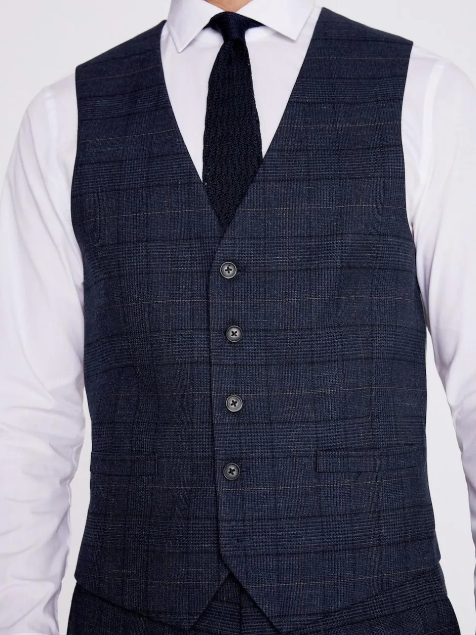 MOSS Navy Black Check Regular Fit Suit Waistcoat
