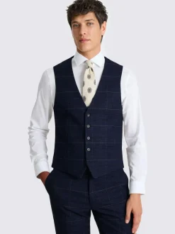 MOSS Navy Black Check Slim Regular Fit Suit Waistcoat Discount
