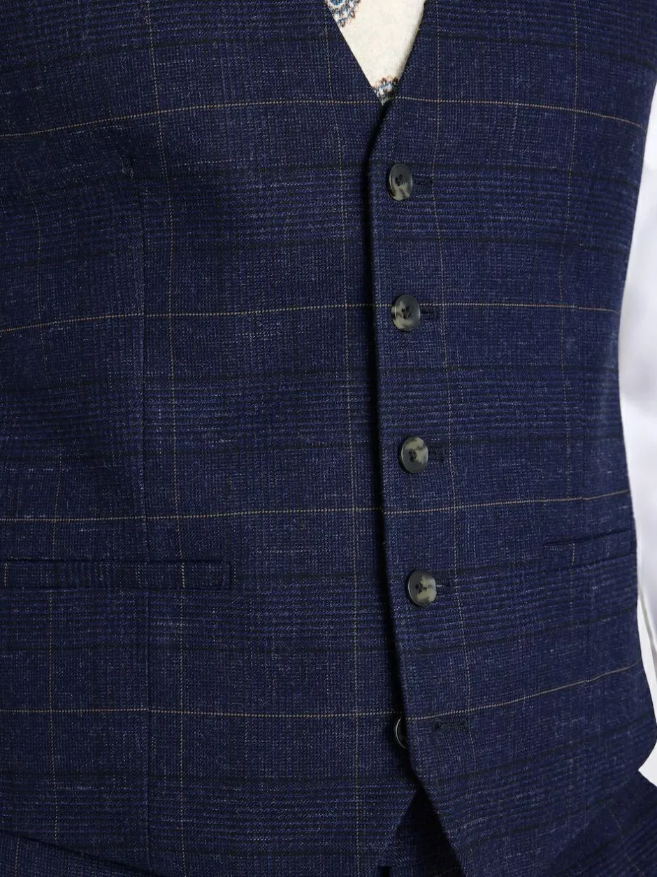 MOSS Navy Black Check Slim Regular Fit Suit Waistcoat Discount