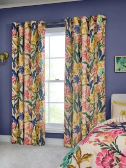 Next Multi Bold Floral Print Touch of Linen Blackout Thermal Eyelet Curtains Clearance
