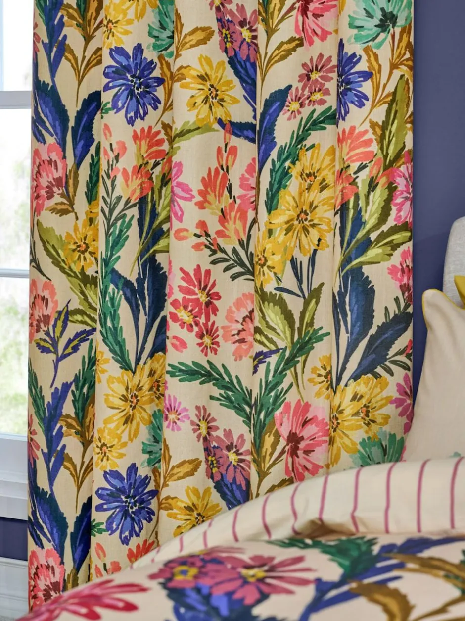 Next Multi Bold Floral Print Touch of Linen Blackout Thermal Eyelet Curtains Clearance